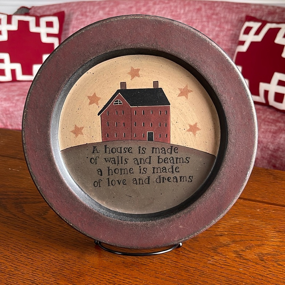 Primitive Home & Stars on Wood Plate, Barbara Lloyd